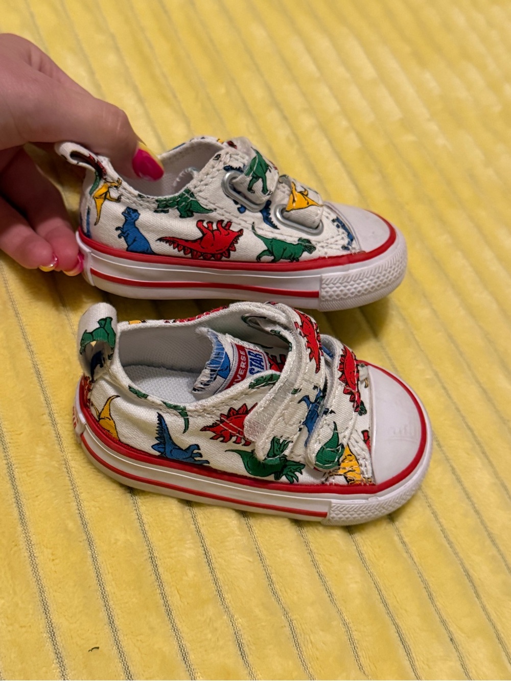 Kids White Canvas Sneakers with Colorful Dinosaur Print - Velcro Closure